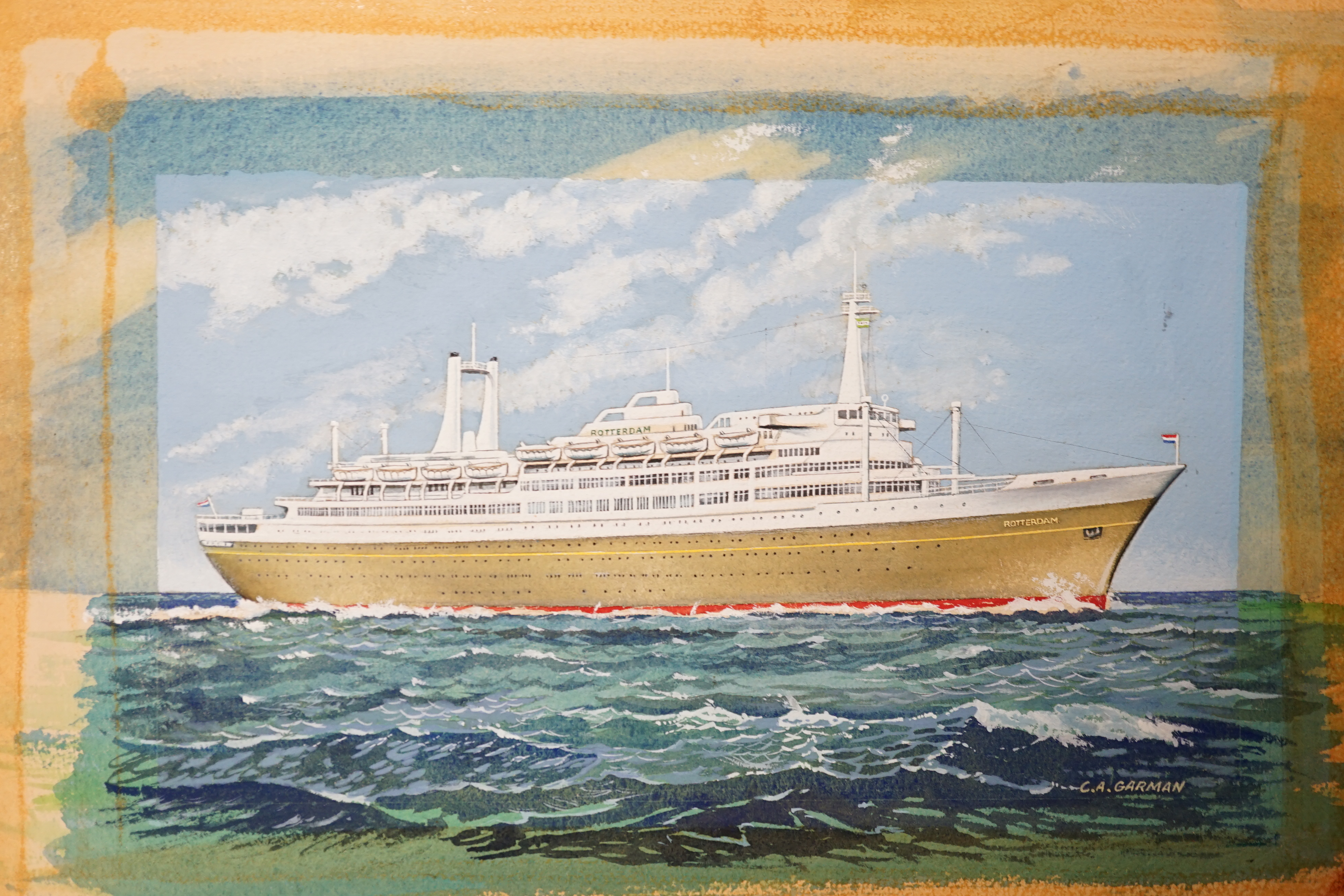 Cyril A Garman (20th. C), set of five original watercolours for postcard designs, ocean liners, ‘Pendennis Castle’, ‘Statendam’, ‘Empress of Britain’, ‘Amazon’ and ‘Rotterdam’, each signed, unframed, largest 24 x 35cm. C